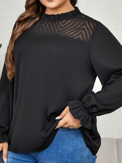 Oversized Blouses- Oversized Frill Crew Neck Blouse for Curvy Women- - Pekosa Women Fashion