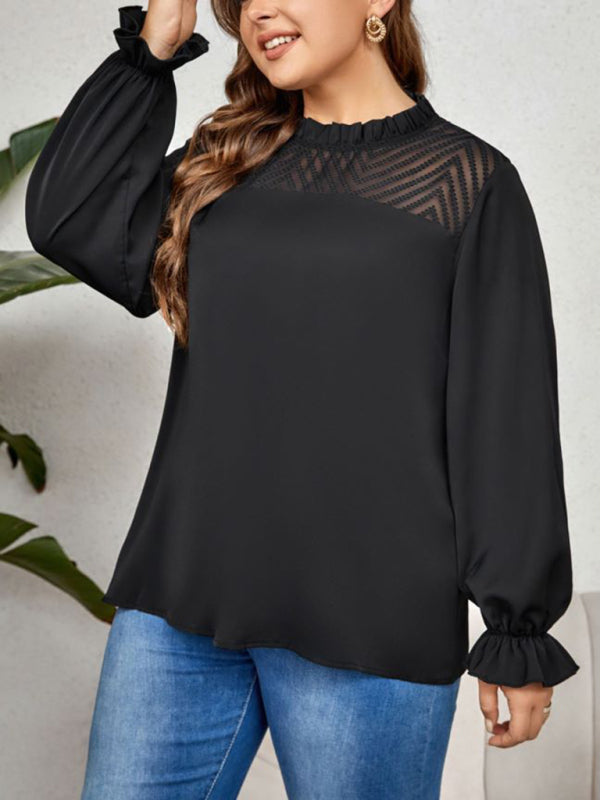 Oversized Blouses- Oversized Frill Crew Neck Blouse for Curvy Women- - Pekosa Women Fashion