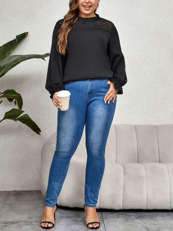 Oversized Blouses- Oversized Frill Crew Neck Blouse for Curvy Women- - Pekosa Women Fashion