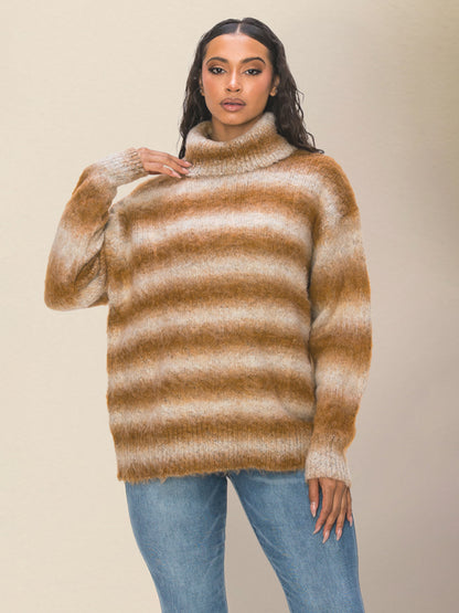 Oversized Sweaters- Oversized Cozy Fluffy Stripe Knit Turtleneck Sweater- - Pekosa Women Clothing