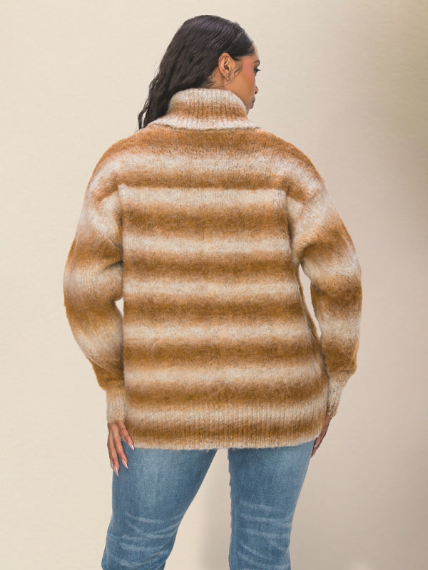 Oversized Sweaters- Oversized Cozy Fluffy Stripe Knit Turtleneck Sweater- - Pekosa Women Clothing