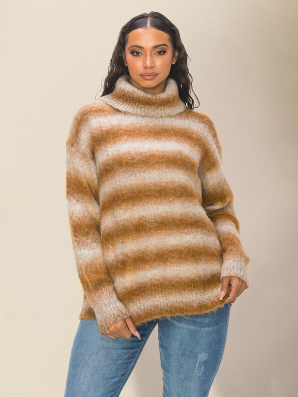 Oversized Sweaters- Oversized Cozy Fluffy Stripe Knit Turtleneck Sweater- Yellow- Pekosa Women Clothing