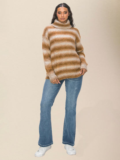 Oversized Sweaters- Oversized Cozy Fluffy Stripe Knit Turtleneck Sweater- - Pekosa Women Clothing