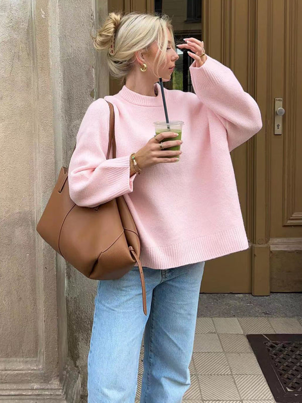 Oversized Sweaters- Winter Cozy Oversized Knit Sweater- Pink- Pekosa Women Clothing