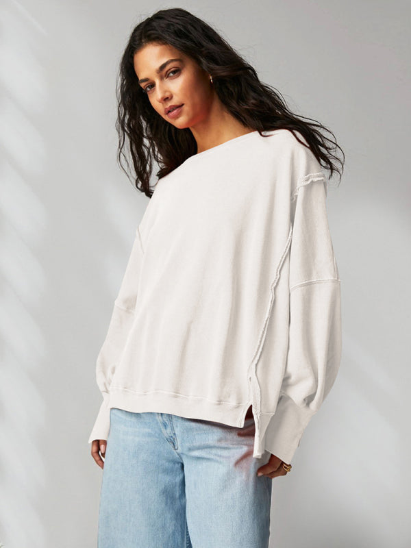 Oversized Sweatshirts- Solid Drop Shoulder Sweatshirt - Oversized Patchwork Pullover- - Pekosa Women Clothing