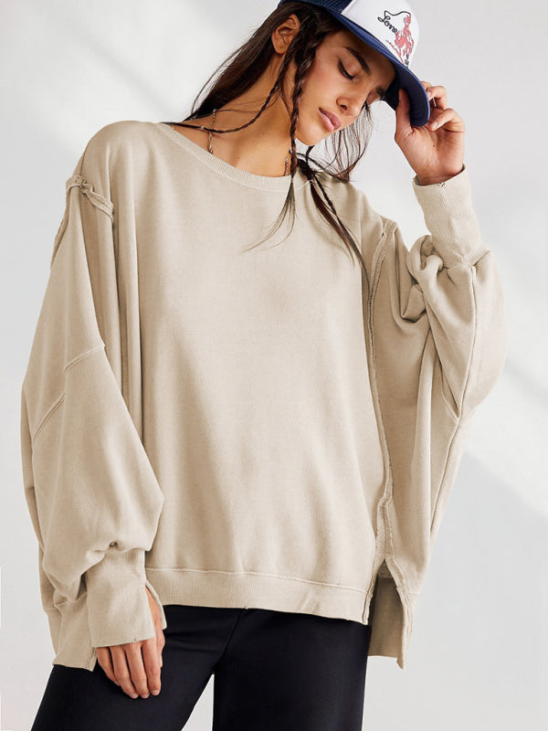 Oversized Sweatshirts- Solid Drop Shoulder Sweatshirt - Oversized Patchwork Pullover- - Pekosa Women Clothing