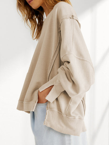 Oversized Sweatshirts- Solid Drop Shoulder Sweatshirt - Oversized Patchwork Pullover- - Pekosa Women Clothing