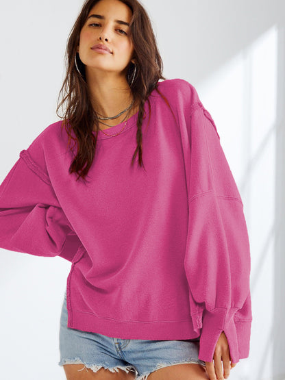 Oversized Sweatshirts- Solid Drop Shoulder Sweatshirt - Oversized Patchwork Pullover- Rose- Pekosa Women Clothing