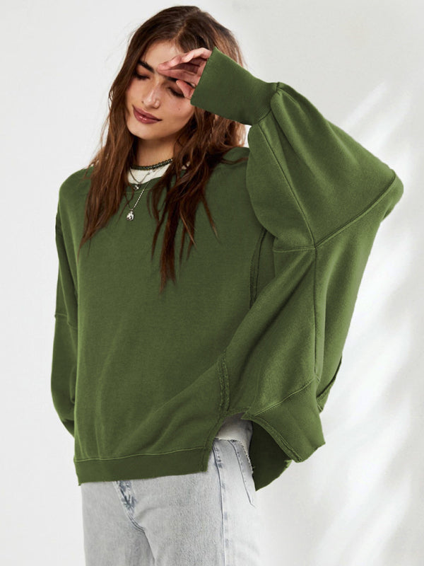 Oversized Sweatshirts- Solid Drop Shoulder Sweatshirt - Oversized Patchwork Pullover- - Pekosa Women Clothing