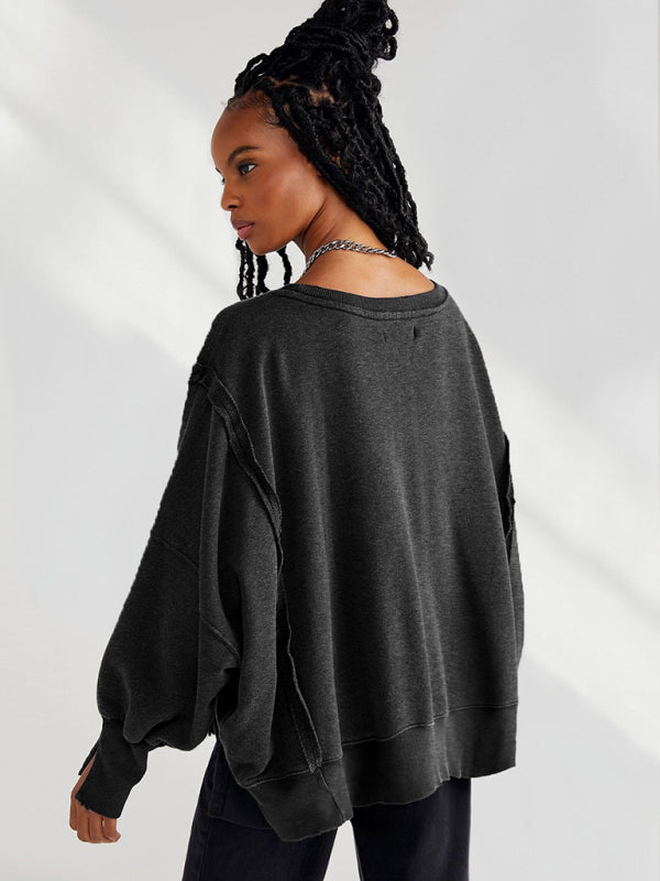 Oversized Sweatshirts- Solid Drop Shoulder Sweatshirt - Oversized Patchwork Pullover- - Pekosa Women Clothing