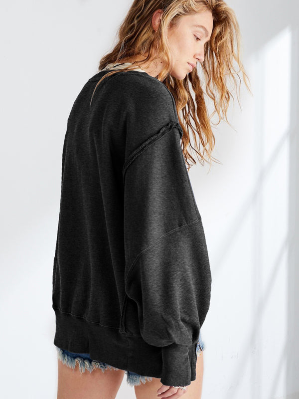 Oversized Sweatshirts- Solid Drop Shoulder Sweatshirt - Oversized Patchwork Pullover- - Pekosa Women Clothing