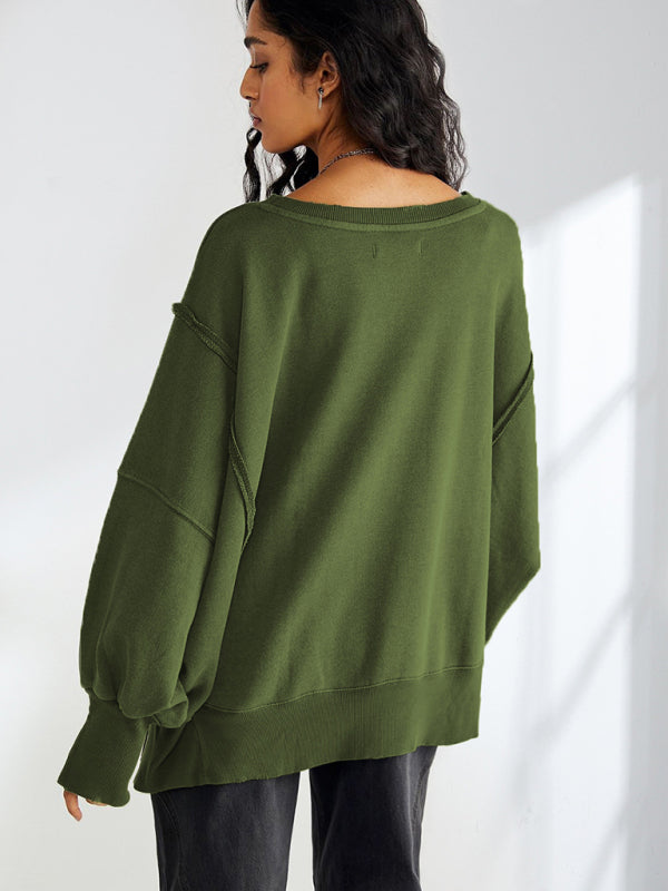 Oversized Sweatshirts- Solid Drop Shoulder Sweatshirt - Oversized Patchwork Pullover- - Pekosa Women Clothing