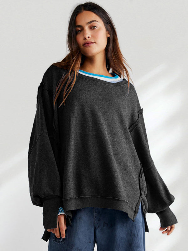 Oversized Sweatshirts- Solid Drop Shoulder Sweatshirt - Oversized Patchwork Pullover- - Pekosa Women Clothing