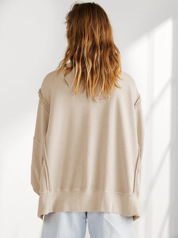 Oversized Sweatshirts- Solid Drop Shoulder Sweatshirt - Oversized Patchwork Pullover- - Pekosa Women Clothing