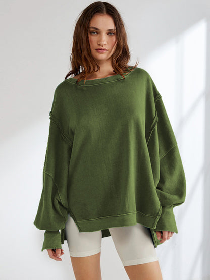 Oversized Sweatshirts- Solid Drop Shoulder Sweatshirt - Oversized Patchwork Pullover- Green- Pekosa Women Clothing