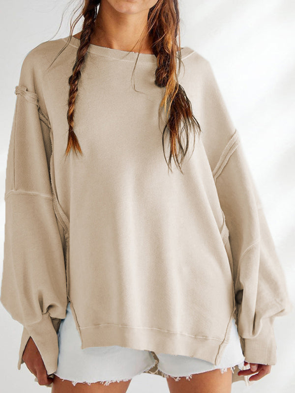 Oversized Sweatshirts- Solid Drop Shoulder Sweatshirt - Oversized Patchwork Pullover- Cracker khaki- Pekosa Women Clothing