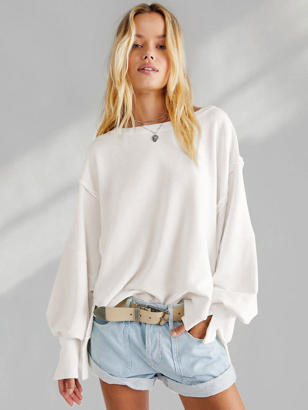 Oversized Sweatshirts- Solid Drop Shoulder Sweatshirt - Oversized Patchwork Pullover- White- Pekosa Women Clothing