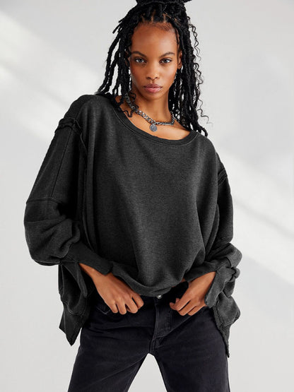 Oversized Sweatshirts- Solid Drop Shoulder Sweatshirt - Oversized Patchwork Pullover- Black- Pekosa Women Clothing