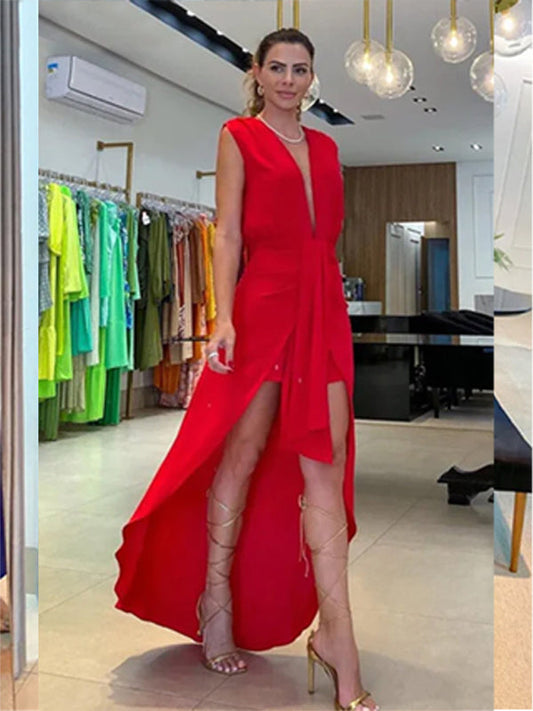 Overskirt Dresses- Elegant Solid Plunge Neck High-Low Overskirt Dress- Red- Pekosa Women Clothing