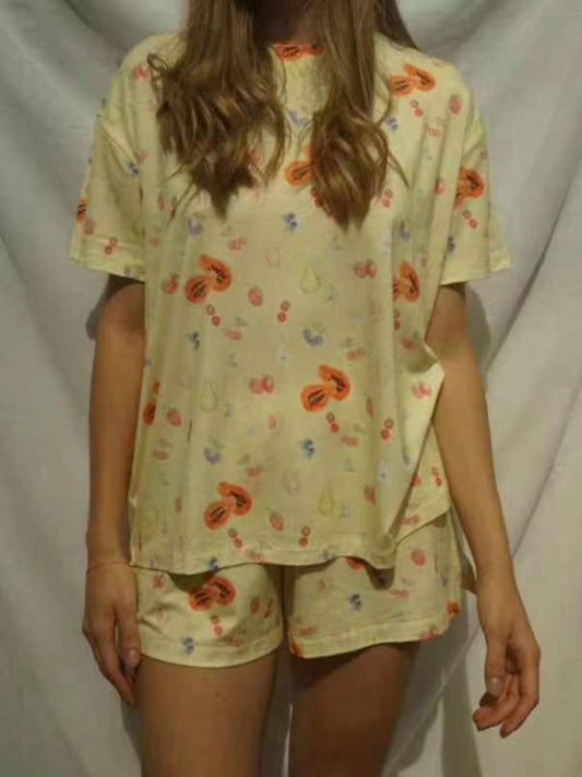 Pajama Set- 2-Piece All Print Pajama Set Short Sleeve T-shirt and Shorts- Yellow- Pekosa Women Clothing