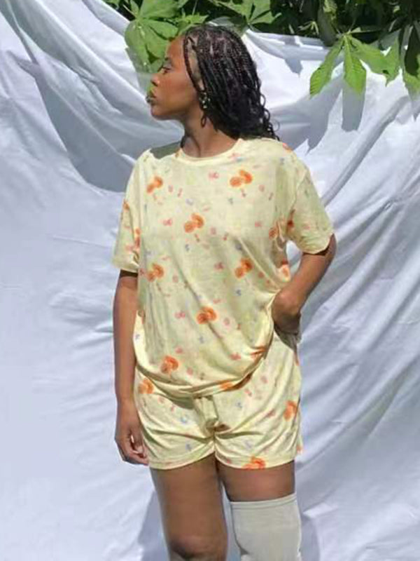 Pajama Set- 2-Piece All Print Pajama Set Short Sleeve T-shirt and Shorts- - Pekosa Women Clothing