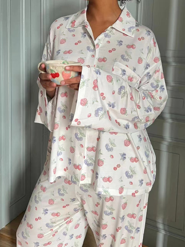 Pajama Set- Fruity Print Pajamas Oversized Set Long Sleeve Shirt and Pants- Red- Pekosa Women Clothing