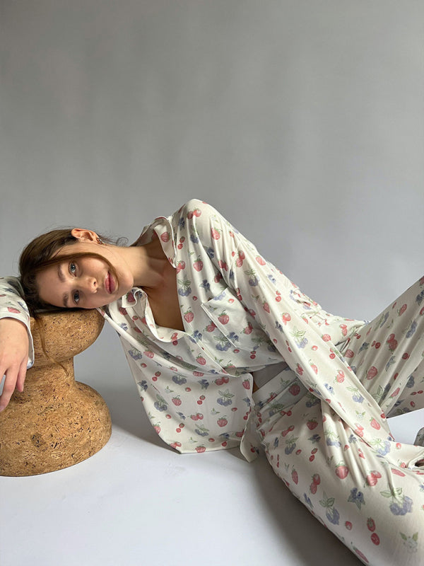 Pajama Set- Fruity Print Pajamas Oversized Set Long Sleeve Shirt and Pants- - Pekosa Women Clothing