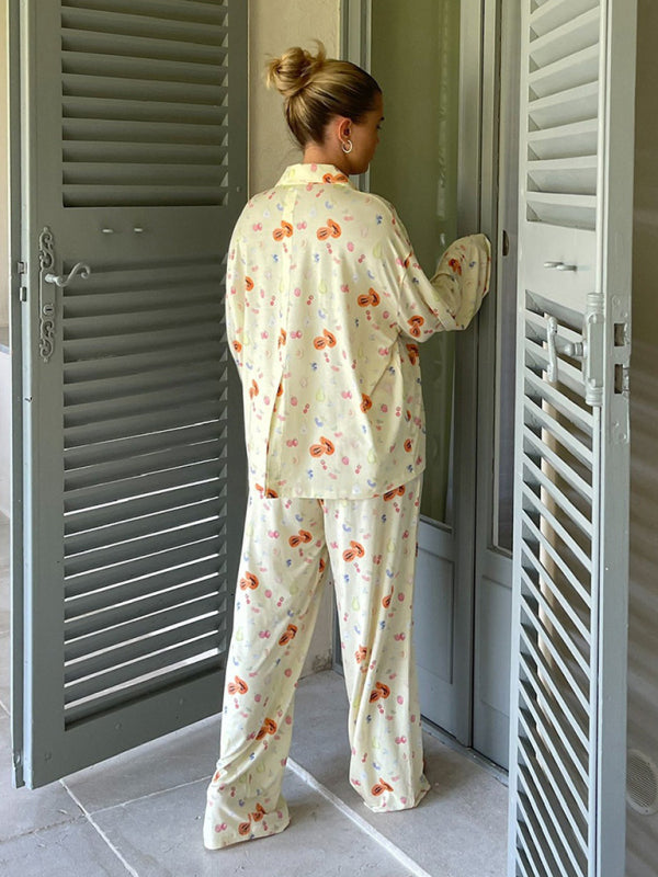 Pajama Set- Fruity Print Pajamas Oversized Set Long Sleeve Shirt and Pants- - Pekosa Women Clothing