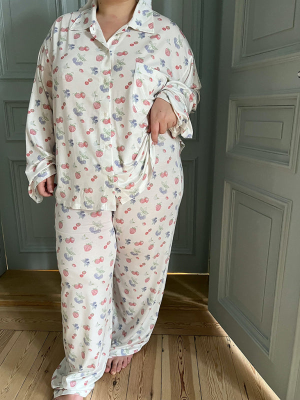 Pajama Set- Fruity Print Pajamas Oversized Set Long Sleeve Shirt and Pants- - Pekosa Women Clothing