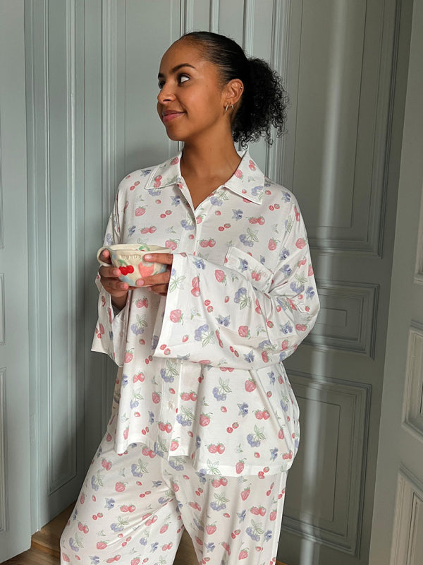 Pajama Set- Fruity Print Pajamas Oversized Set Long Sleeve Shirt and Pants- - Pekosa Women Clothing