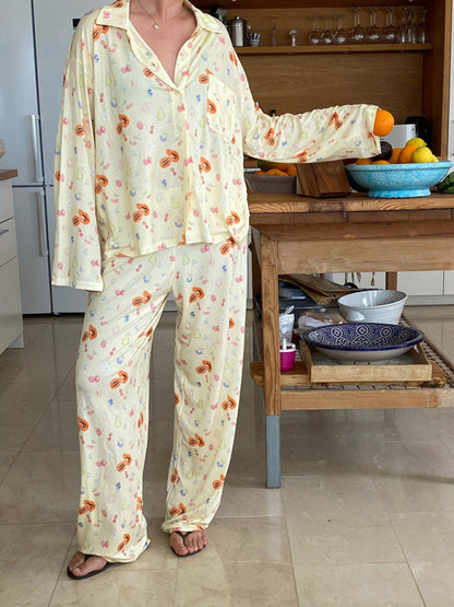 Pajama Set- Fruity Print Pajamas Oversized Set Long Sleeve Shirt and Pants- Yellow- Pekosa Women Clothing