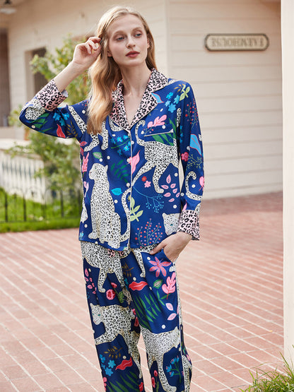 Pajamas- 2 Piece Pajama Set in Floral Animal Print - Shirt & Pants- - Pekosa Women Clothing