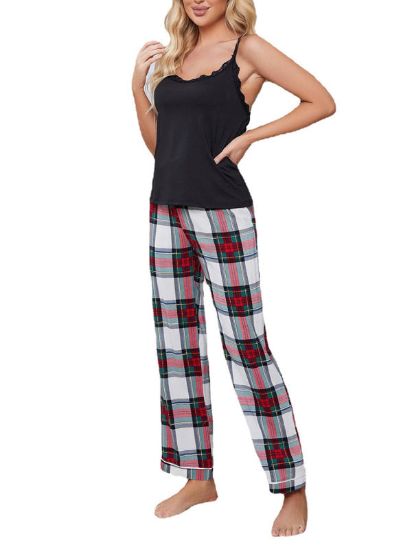 Pajamas- Comfy 2-Piece Plaid Pajamas Cami & Pants Sleep Set- - Pekosa Women Clothing