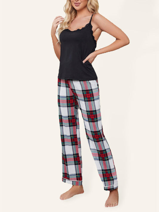 Pajamas- Comfy 2-Piece Plaid Pajamas Cami & Pants Sleep Set- Black- Pekosa Women Clothing