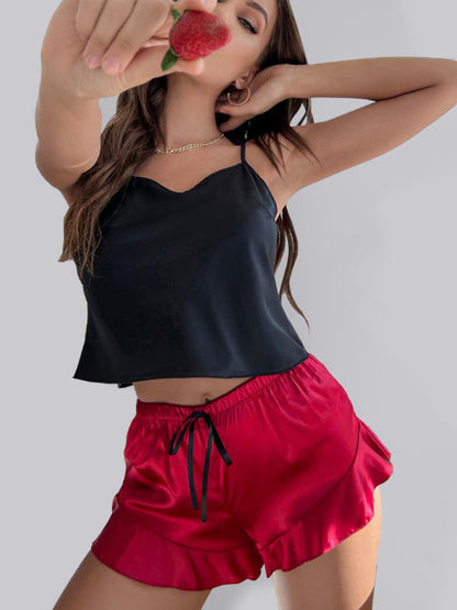 Pajamas- Contrast Satin 2-Piece Sleepwear - Silk Cami Top and Ruffle Shorts- Red- Pekosa Women Clothing