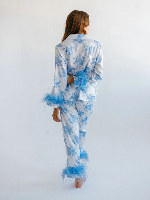 Pajamas- Feathered Satin Print Pajamas - 2 Piece Pants & Lapel Shirt- - Pekosa Women Clothing