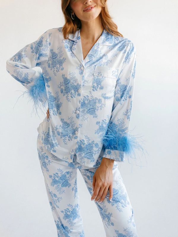 Pajamas- Feathered Satin Print Pajamas - 2 Piece Pants & Lapel Shirt- - Pekosa Women Clothing