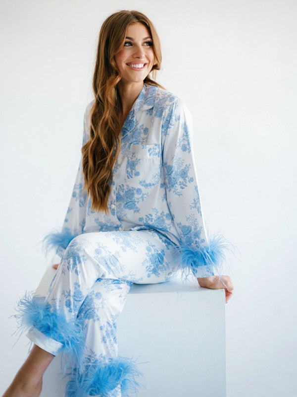 Pajamas- Feathered Satin Print Pajamas - 2 Piece Pants & Lapel Shirt- - Pekosa Women Clothing