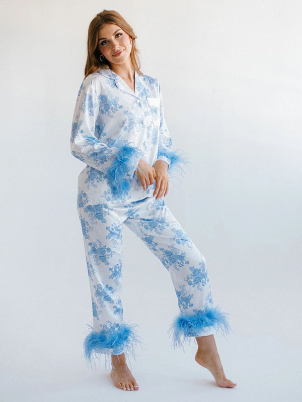 Pajamas- Feathered Satin Print Pajamas - 2 Piece Pants & Lapel Shirt- Sky blue azure- Pekosa Women Clothing