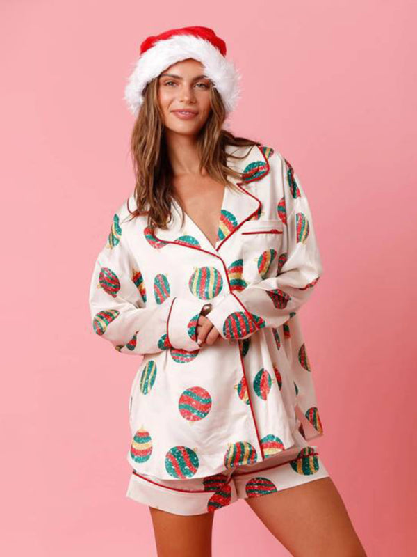 Pajamas- Festive Print Satin Pajama Set - 2-Piece Shorts & Long Sleeve Shirt- - Pekosa Women Clothing