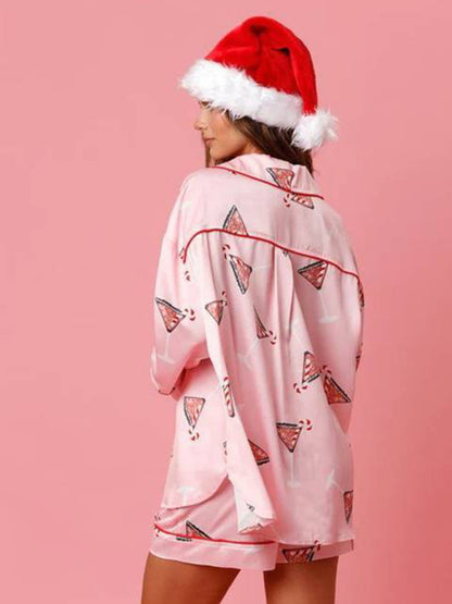 Pajamas- Festive Print Satin Pajama Set - 2-Piece Shorts & Long Sleeve Shirt- - Pekosa Women Clothing