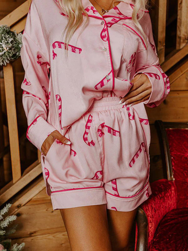 Pajamas- Festive Print Satin Pajama Set - 2-Piece Shorts & Long Sleeve Shirt- - Pekosa Women Clothing