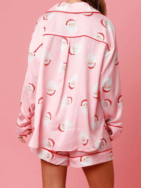 Pajamas- Festive Print Satin Pajama Set - 2-Piece Shorts & Long Sleeve Shirt- - Pekosa Women Clothing