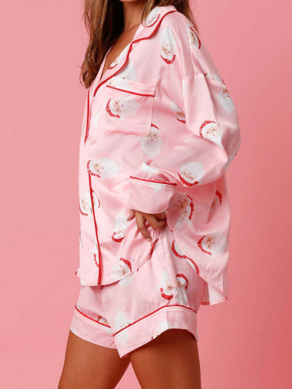 Pajamas- Festive Print Satin Pajama Set - 2-Piece Shorts & Long Sleeve Shirt- - Pekosa Women Clothing