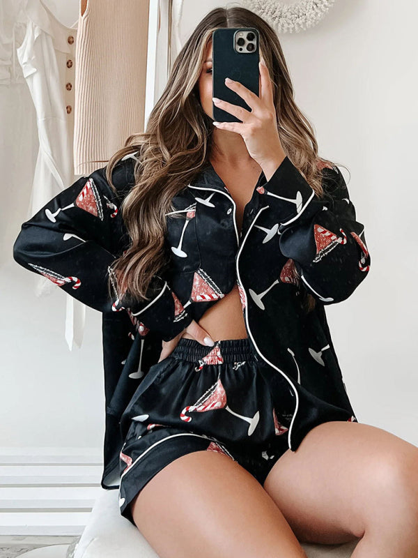 Pajamas- Festive Print Satin Pajama Set - 2-Piece Shorts & Long Sleeve Shirt- - Pekosa Women Clothing