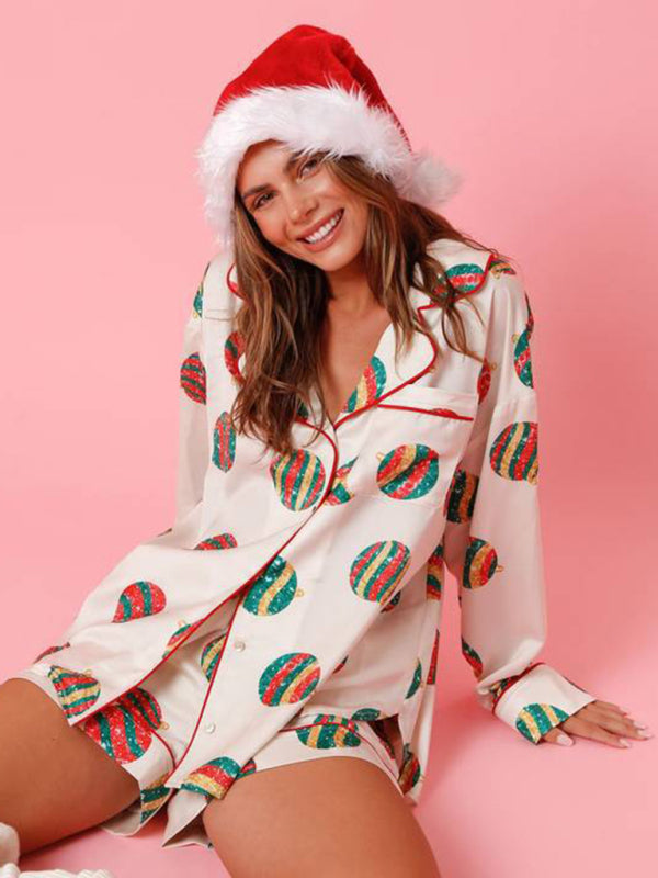 Pajamas- Festive Print Satin Pajama Set - 2-Piece Shorts & Long Sleeve Shirt- Pattern1- Pekosa Women Clothing