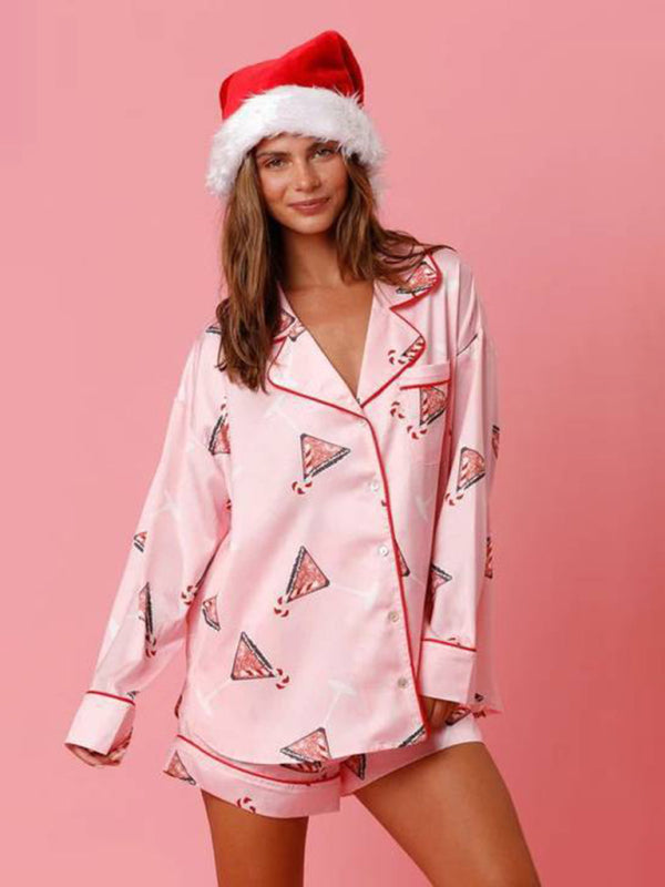 Pajamas- Festive Print Satin Pajama Set - 2-Piece Shorts & Long Sleeve Shirt- - Pekosa Women Clothing