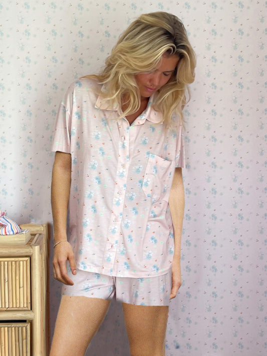 Pajamas- Lounging in Florals Oversized Floral Print Lounge Set - Shorts & Shirt 🌸👚- Pink- Pekosa Women Clothing