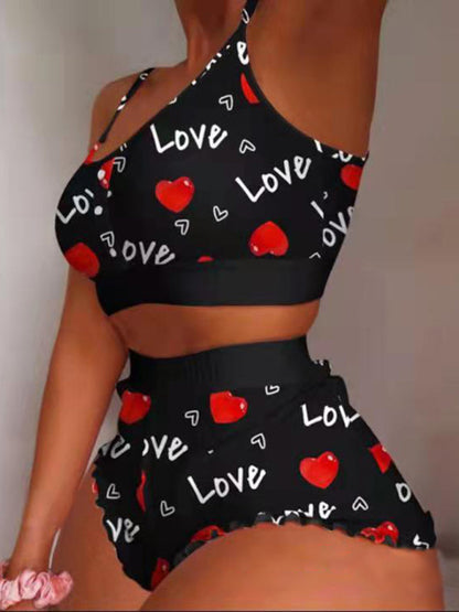 Pajamas- Love-Filled Heart Print 2-Piece Sleepwear with Cami and Shorts- Pattern2- Pekosa Women Clothing