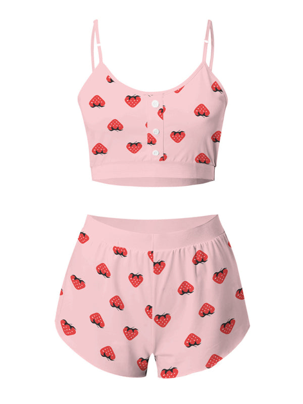 Pajamas- Love-Filled Heart Print 2-Piece Sleepwear with Cami and Shorts- - Pekosa Women Clothing